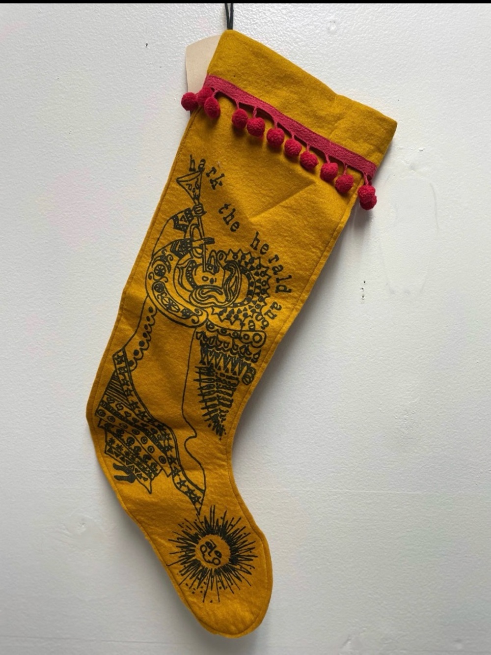 Vibrant Mustard Yellow Holiday Stocking with Red Pom Trim